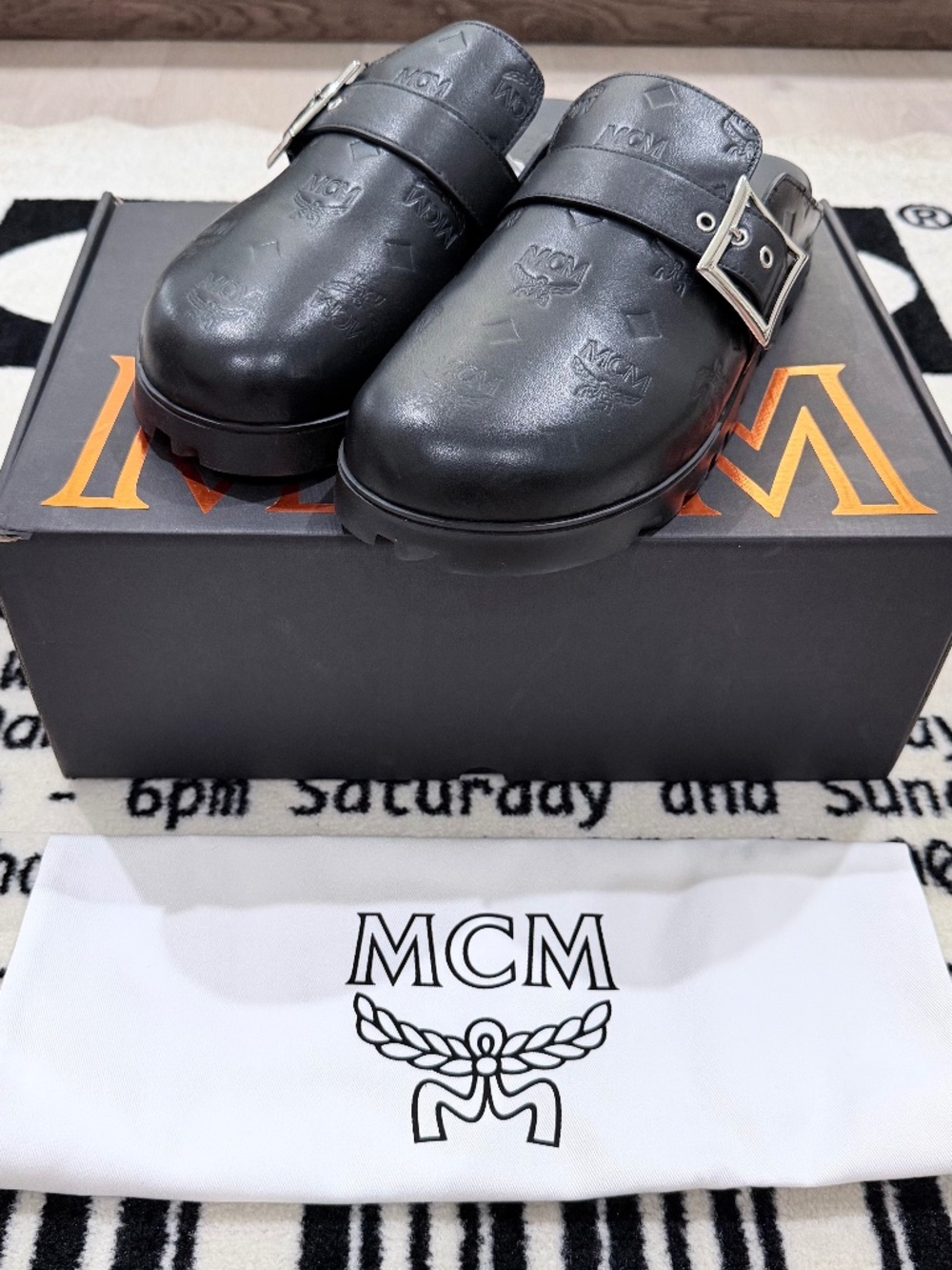 MCM Monogram Black Visetos Monogram Embossed Leather Mules